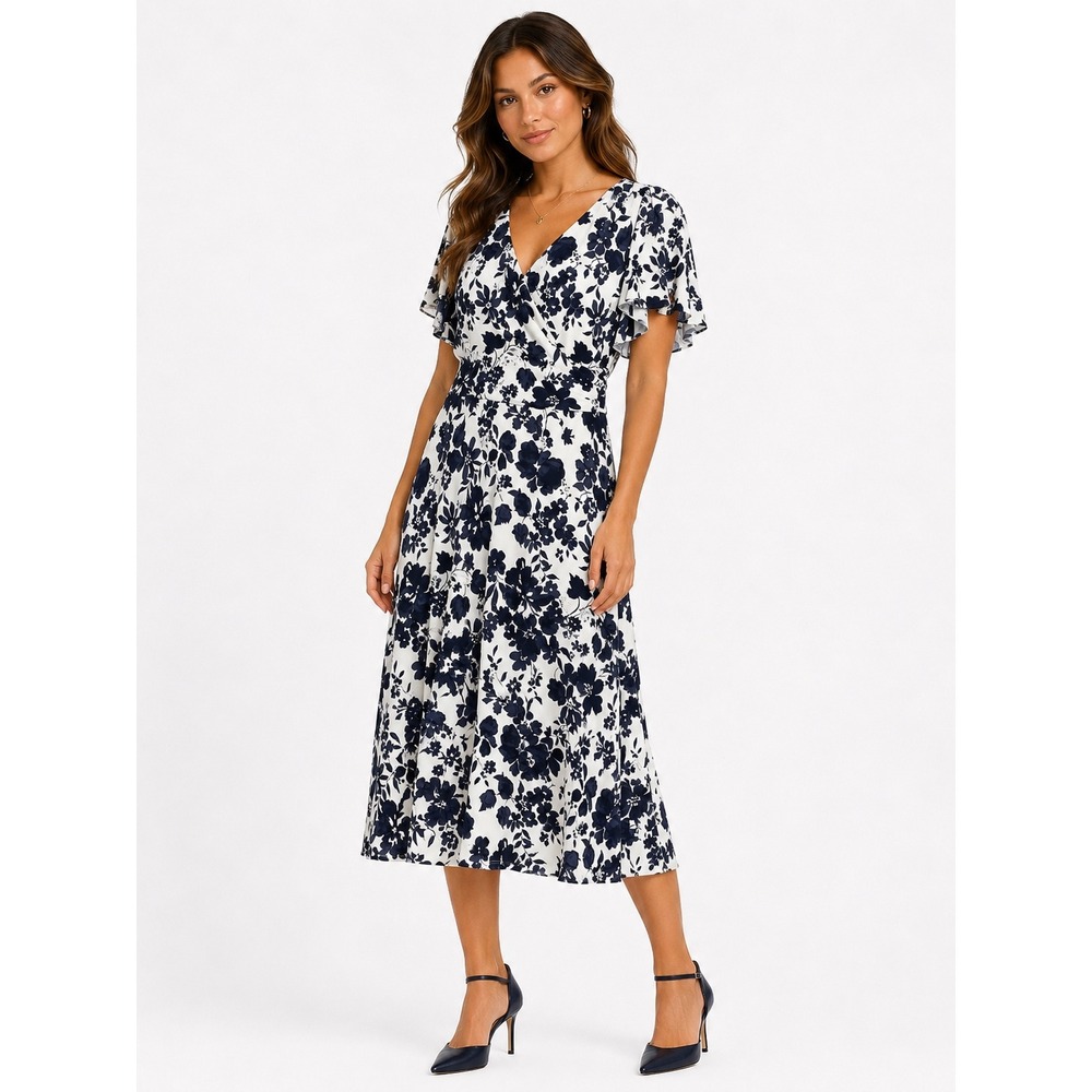 Lauren Ralph Lauren Midi Dress Womens 6 Navy Blue Floral Flutter Sleeve Wedding